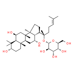 ChemSpider 2D Image | (3beta,5beta,6alpha,8alpha,9beta,10alpha,12beta,13alpha,14beta,17alpha)-3,6,12-Trihydroxydammar-24-en-20-yl alpha-L-altropyranoside | C36H62O9
