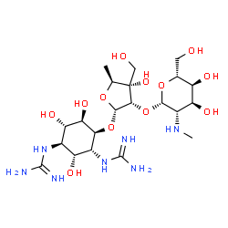 ChemSpider 2D Image | 1,1'-[(1R,2R,3R,4S,5R,6S)-4-({5-Deoxy-2-O-[2-deoxy-2-(methylamino)-beta-D-altropyranosyl]-3-C-(hydroxymethyl)-alpha-L-ribofuranosyl}oxy)-2,5,6-trihydroxy-1,3-cyclohexanediyl]diguanidine | C21H41N7O12