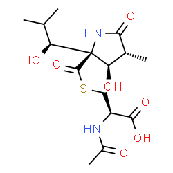 ChemSpider 2D Image | N-Acetyl-S-({(2S,3R,4R)-3-hydroxy-2-[(1S)-1-hydroxy-2-methylpropyl]-4-methyl-5-oxo-2-pyrrolidinyl}carbonyl)-L-cysteine | C15H24N2O7S