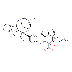 ChemSpider 2D Image | Methyl (2beta,3alpha,4beta,5alpha,12beta,19alpha)-4-acetoxy-15-[(12R,14R)-16-ethyl-12-(methoxycarbonyl)-1,10-diazatetracyclo[12.3.1.0~3,11~.0~4,9~]octadeca-3(11),4,6,8,15-pentaen-12-yl]-3-hydroxy-16-m
ethoxy-1-methyl-6,7-didehydroaspidospermidine-3-carboxylate | C45H54N4O8