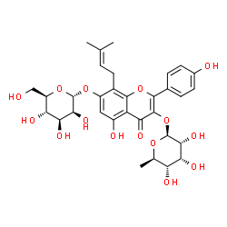 ChemSpider 2D Image | 5-Hydroxy-2-(4-hydroxyphenyl)-7-(alpha-D-mannopyranosyloxy)-8-(3-methyl-2-buten-1-yl)-4-oxo-4H-chromen-3-yl 6-deoxy-beta-D-allopyranoside | C32H38O15