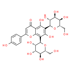 ChemSpider 2D Image | 5,7-Dihydroxy-2-(4-hydroxyphenyl)-8-[(2R,3S,4R,5S,6R)-3,4,5-trihydroxy-6-(hydroxymethyl)tetrahydro-2H-pyran-2-yl]-6-[(2S,3R,4R,5R,6S)-3,4,5-trihydroxy-6-(hydroxymethyl)tetrahydro-2H-pyran-2-yl]-4H-chr
omen-4-one (non-preferred name) | C27H30O15