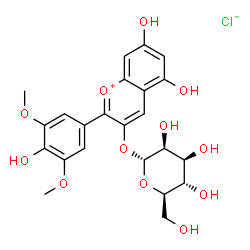 ChemSpider 2D Image | 5,7-Dihydroxy-2-(4-hydroxy-3,5-dimethoxyphenyl)-3-chromeniumyl alpha-D-mannopyranoside chloride | C23H25ClO12