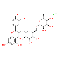 ChemSpider 2D Image | 2-(3,4-Dihydroxyphenyl)-5,7-dihydroxy-3-chromeniumyl 6-O-(6-deoxy-beta-D-allopyranosyl)-alpha-L-altropyranoside chloride | C27H31ClO15