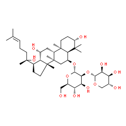 ChemSpider 2D Image | (3beta,5beta,6alpha,12beta,13alpha,17alpha)-3,12,20-Trihydroxydammar-24-en-6-yl 2-O-alpha-D-lyxopyranosyl-alpha-D-mannopyranoside | C41H70O13