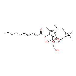 ChemSpider 2D Image | (4R,5S,6R,9S,10R,12S,14R)-5,6-Dihydroxy-7-(hydroxymethyl)-3,11,11,14-tetramethyl-15-oxotetracyclo[7.5.1.0~1,5~.0~10,12~]pentadeca-2,7-dien-4-yl (2E,4E)-2,4-decadienoate | C30H42O6