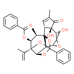 ChemSpider 2D Image | (1R,2R,6R,7S,8R,10R,11S,12R,16R,17S,18R)-6,7-Dihydroxy-16-isopropenyl-4,8,18-trimethyl-5-oxo-14-phenyl-9,13,15,19-tetraoxahexacyclo[12.4.1.0~1,11~.0~2,6~.0~8,10~.0~12,16~]nonadec-3-en-17-yl benzoate | C34H34O9