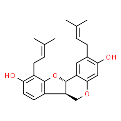 ChemSpider 2D Image | (6aR,11aS)-2,10-Bis(3-methyl-2-buten-1-yl)-6a,11a-dihydro-6H-[1]benzofuro[3,2-c]chromene-3,9-diol | C25H28O4