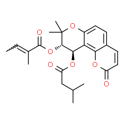 ChemSpider 2D Image | (9S,10R)-8,8-Dimethyl-10-[(3-methylbutanoyl)oxy]-2-oxo-9,10-dihydro-2H,8H-pyrano[2,3-f]chromen-9-yl (2E)-2-methyl-2-butenoate | C24H28O7