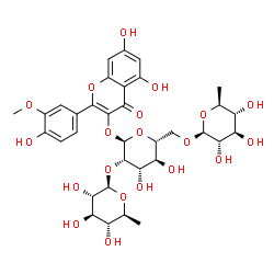 ChemSpider 2D Image | 5,7-Dihydroxy-2-(4-hydroxy-3-methoxyphenyl)-4-oxo-4H-chromen-3-yl 6-deoxy-beta-L-glucopyranosyl-(1->2)-[6-deoxy-beta-L-glucopyranosyl-(1->6)]-alpha-D-mannopyranoside | C34H42O20