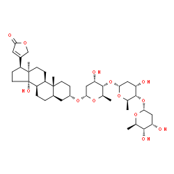 ChemSpider 2D Image | (3beta,5beta,9beta,10alpha,17alpha)-3-{[2,6-Dideoxy-alpha-D-ribo-hexopyranosyl-(1->4)-2,6-dideoxy-alpha-D-ribo-hexopyranosyl-(1->4)-2,6-dideoxy-alpha-D-ribo-hexopyranosyl]oxy}-14-hydroxycard-20(22)-en
olide | C41H64O13
