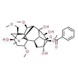 ChemSpider 2D Image | (1beta,3alpha,4beta,6alpha,7beta,9alpha,14alpha,15alpha,16alpha)-3,8,13,15-Tetrahydroxy-1,6,16-trimethoxy-4-(methoxymethyl)-20-methylaconitan-14-yl benzoate | C31H43NO10
