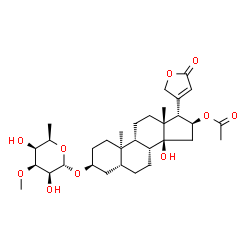 ChemSpider 2D Image | (3beta,5beta,9beta,10alpha,16beta,17alpha)-16-Acetoxy-3-[(6-deoxy-3-O-methyl-alpha-D-talopyranosyl)oxy]-14-hydroxycard-20(22)-enolide | C32H48O10