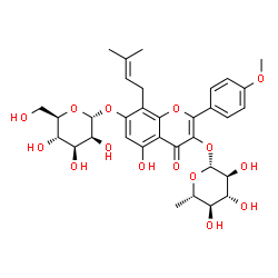 ChemSpider 2D Image | 5-Hydroxy-7-(alpha-D-mannopyranosyloxy)-2-(4-methoxyphenyl)-8-(3-methyl-2-buten-1-yl)-4-oxo-4H-chromen-3-yl 6-deoxy-beta-L-glucopyranoside | C33H40O15