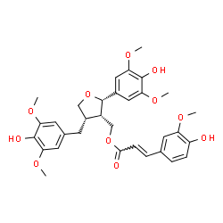 ChemSpider 2D Image | [(2S,3S,4S)-4-(4-Hydroxy-3,5-dimethoxybenzyl)-2-(4-hydroxy-3,5-dimethoxyphenyl)tetrahydro-3-furanyl]methyl (2E)-3-(4-hydroxy-3-methoxyphenyl)acrylate | C32H36O11