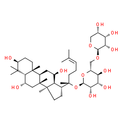 ChemSpider 2D Image | (3beta,5beta,6alpha,12beta,13alpha,17alpha)-3,6,12-Trihydroxydammar-24-en-20-yl 6-O-beta-L-ribopyranosyl-alpha-D-mannopyranoside | C41H70O13