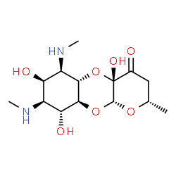 ChemSpider 2D Image | (2S,4aS,5aS,6R,7R,8S,9R,9aS,10aR)-4a,7,9-Trihydroxy-2-methyl-6,8-bis(methylamino)decahydro-4H-pyrano[2,3-b][1,4]benzodioxin-4-one | C14H24N2O7