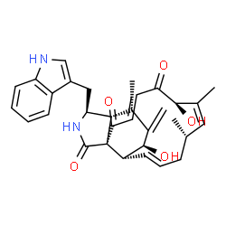 ChemSpider 2D Image | (3S,3aR,6S,6aR,7E,10S,11Z,13R,15E,17aS)-6,13-Dihydroxy-3-(1H-indol-3-ylmethyl)-4,10,12-trimethyl-5-methylene-2,3,3a,4,5,6,6a,9,10,13-decahydro-1H-cyclotrideca[d]isoindole-1,14,17-trione | C32H36N2O5