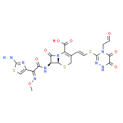 ChemSpider 2D Image | (6S,7S)-7-{[(2E)-2-(2-Amino-1,3-thiazol-4-yl)-2-(methoxyimino)acetyl]amino}-3-[(E)-2-{[5,6-dioxo-4-(2-oxoethyl)-1,4,5,6-tetrahydro-1,2,4-triazin-3-yl]sulfanyl}vinyl]-8-oxo-5-thia-1-azabicyclo[4.2.0]oc
t-2-ene-2-carboxylic acid | C20H18N8O8S3