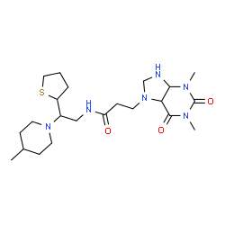 ChemSpider 2D Image | 3,6-Anhydro-1,2,4,5-tetradeoxy-1-{[3-(1,3-dimethyl-2,6-dioxooctahydro-7H-purin-7-yl)propanoyl]amino}-2-(4-methyl-1-piperidinyl)-3-thiohexitol | C22H38N6O3S