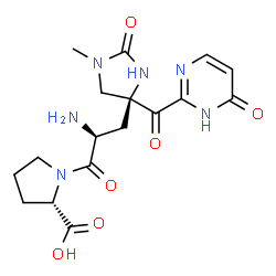 ChemSpider 2D Image | 1-[(2S)-2-Amino-3-{(4S)-1-methyl-2-oxo-4-[(6-oxo-1,6-dihydro-2-pyrimidinyl)carbonyl]-4-imidazolidinyl}propanoyl]-L-proline | C17H22N6O6
