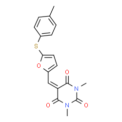 ChemSpider 2D Image | 1,3-Dimethyl-5-({5-[(4-methylphenyl)sulfanyl]-2-furyl}methylene)-2,4,6(1H,3H,5H)-pyrimidinetrione | C18H16N2O4S
