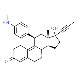 ChemSpider 2D Image | (8S,11R,13S,14S)-17-Hydroxy-13-methyl-11-[4-(methylamino)phenyl]-17-(1-propyn-1-yl)-1,2,6,7,8,11,12,13,14,15,16,17-dodecahydro-3H-cyclopenta[a]phenanthren-3-one | C28H33NO2