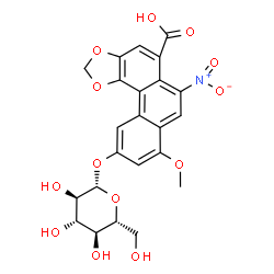 ChemSpider 2D Image | 10-(beta-D-Glucopyranosyloxy)-8-methoxy-6-nitrophenanthro[3,4-d][1,3]dioxole-5-carboxylic acid | C23H21NO13
