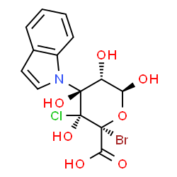 ChemSpider 2D Image | (2R,3S,4S,5S,6S)-2-Bromo-3-chloro-3,4,5,6-tetrahydroxy-4-(1H-indol-1-yl)tetrahydro-2H-pyran-2-carboxylic acid (non-preferred name) | C14H13BrClNO7