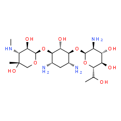 ChemSpider 2D Image | (1R,2R,3S,4R,6S)-4,6-Diamino-3-({(5S)-2-amino-2-deoxy-5-[(1S)-1-hydroxyethyl]-alpha-L-xylopyranosyl}oxy)-2-hydroxycyclohexyl 3-deoxy-4-C-methyl-3-(methylamino)-beta-L-arabinopyranoside | C20H40N4O10