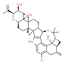 ChemSpider 2D Image | (2S,3R,3aR,4aR,4bR,6aS,7R,7dS,8R,9aS,14bR,14cS,16aR)-12-Chloro-2-isopropenyl-14b,14c,17,17-tetramethyl-10-methylene-3,3a,6,6a,7,8,9,9a,10,11,14,14b,14c,15,16,16a-hexadecahydro-2H,4bH-7,8-(epoxymethano
)cyclobuta[5,6]benzo[1,2-e]oxireno[4',4a']chromeno[5',6':6,7]indeno[1,2-b]indole-3,4b,7d(5H)-triol | C37H44ClNO6