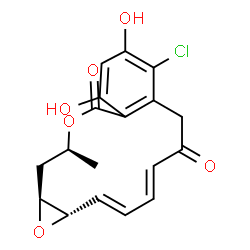 ChemSpider 2D Image | (1aS,2E,4E,14S,15aS)-8-Chloro-9,11-dihydroxy-14-methyl-1a,14,15,15a-tetrahydro-6H-oxireno[e][2]benzoxacyclotetradecine-6,12(7H)-dione | C18H17ClO6