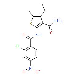 ChemSpider 2D Image | 2-[(2-Chloro-4-nitrobenzoyl)amino]-4-ethyl-5-methyl-3-thiophenecarboxamide | C15H14ClN3O4S
