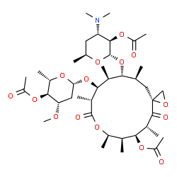 ChemSpider 2D Image | (3R,5R,6S,7S,8R,11R,12S,13S,14R,15S)-12-[(4-O-Acetyl-2,6-dideoxy-3-O-methyl-beta-L-arabino-hexopyranosyl)oxy]-14-{[2-O-acetyl-3,4,6-trideoxy-3-(dimethylamino)-alpha-L-arabino-hexopyranosyl]oxy}-5,7,8,
11,13,15-hexamethyl-4,10-dioxo-1,9-dioxaspiro[2.13]hexadec-6-yl acetate | C41H67NO15