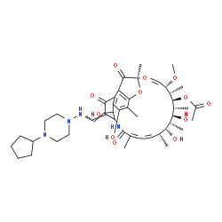 ChemSpider 2D Image | (7S,9Z,11S,12S,13S,14R,15S,16R,17R,18R,19Z,21Z,26Z)-26-{[(4-Cyclopentyl-1-piperazinyl)amino]methylene}-2,15,17,29-tetrahydroxy-11-methoxy-3,7,12,14,16,18,22-heptamethyl-6,23,27-trioxo-8,30-dioxa-24-az
atetracyclo[23.3.1.1~4,7~.0~5,28~]triaconta-1(28),2,4,9,19,21,25(29)-heptaen-13-yl acetate | C47H64N4O12