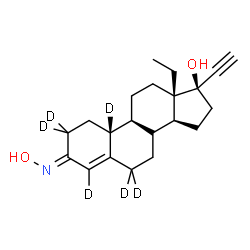 ChemSpider 2D Image | (3E,9S,10R,13S,14S,17R)-13-Ethyl-17-ethynyl-3-(hydroxyimino)(2,2,4,6,6,10-~2~H_6_)-2,3,6,7,8,9,10,11,12,13,14,15,16,17-tetradecahydro-1H-cyclopenta[a]phenanthren-17-ol (non-preferred name) | C21H23D6NO2