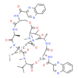 ChemSpider 2D Image | N,N'-[(1R,4S,7R,14R,17S,20R,24S,27S)-11,24-Diisopropyl-2,4,12,15,17,25-hexamethyl-27-(methylsulfanyl)-3,6,10,13,16,19,23,26-octaoxo-9,22-dioxa-28-thia-2,5,12,15,18,25-hexaazabicyclo[12.12.3]nonacosane
-7,20-diyl]di(2-quinoxalinecarboxamide) | C51H64N12O12S2