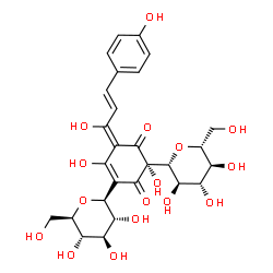 ChemSpider 2D Image | (2R,6E)-2,5-Dihydroxy-6-[(2E)-1-hydroxy-3-(4-hydroxyphenyl)-2-propen-1-ylidene]-2-[(2R,3R,4S,5S,6R)-3,4,5-trihydroxy-6-(hydroxymethyl)tetrahydro-2H-pyran-2-yl]-4-[(2S,3R,4R,5S,6R)-3,4,5-trihydroxy-6-(
hydroxymethyl)tetrahydro-2H-pyran-2-yl]-4-cyclohexene-1,3-dione (non-preferred name) | C27H32O16