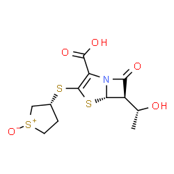 ChemSpider 2D Image | (3R)-3-({(5S,6R)-2-Carboxy-6-[(1R)-1-hydroxyethyl]-7-oxo-4-thia-1-azabicyclo[3.2.0]hept-2-en-3-yl}sulfanyl)tetrahydro-1-thiopheniumolate | C12H15NO5S3