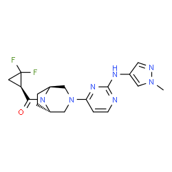 ChemSpider 2D Image | [(1R)-2,2-Difluorocyclopropyl][(1S,5S)-3-{2-[(1-methyl-1H-pyrazol-4-yl)amino]-4-pyrimidinyl}-3,8-diazabicyclo[3.2.1]oct-8-yl]methanone | C18H21F2N7O