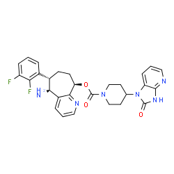 ChemSpider 2D Image | (5R,6S,9R)-5-Amino-6-(2,3-difluorophenyl)-6,7,8,9-tetrahydro-5H-cyclohepta[b]pyridin-9-yl 4-(2-oxo-2,3-dihydro-1H-imidazo[4,5-b]pyridin-1-yl)-1-piperidinecarboxylate | C28H28F2N6O3