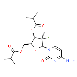 ChemSpider 2D Image | 4-Amino-1-(2-deoxy-2-fluoro-3,5-di-O-isobutyryl-2-methyl-alpha-L-arabinofuranosyl)-2(1H)-pyrimidinone | C18H26FN3O6