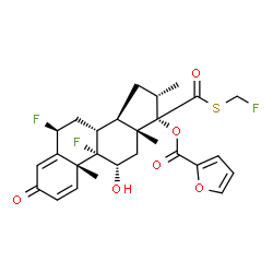 ChemSpider 2D Image | (6alpha,8alpha,9beta,10alpha,11beta,13alpha,14beta,16beta,17beta)-6,9-Difluoro-17-{[(fluoromethyl)sulfanyl]carbonyl}-11-hydroxy-16-methyl-3-oxoandrosta-1,4-dien-17-yl 2-furoate | C27H29F3O6S