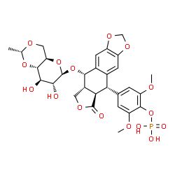 ChemSpider 2D Image | 4-[(5S,5aR,8aR,9S)-9-({4,6-O-[(1R)-Ethylidene]-beta-D-glucopyranosyl}oxy)-6-oxo-5,5a,6,8,8a,9-hexahydrofuro[3',4':6,7]naphtho[2,3-d][1,3]dioxol-5-yl]-2,6-dimethoxyphenyl dihydrogen phosphate | C29H33O16P