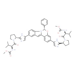ChemSpider 2D Image | Methyl {(2S)-1-[(2R)-2-{5-[(6S)-3-{2-[(2S)-1-{(2S)-2-[(methoxycarbonyl)amino]-3-methylbutanoyl}-2-pyrrolidinyl]-1H-imidazol-5-yl}-6-phenylindolo[1,2-c][1,3]benzoxazin-10-yl]-1H-imidazol-2-yl}-1-pyrrol
idinyl]-3-methyl-1-oxo-2-butanyl}carbamate | C49H55N9O7