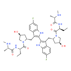 ChemSpider 2D Image | (2S,2'S)-N,N'-[(6,6'-Difluoro-1H,1'H-2,2'-biindole-3,3'-diyl)bis{methylene[(2S,4S)-4-hydroxy-2,1-pyrrolidinediyl][(2S)-1-oxo-1,2-butanediyl]}]bis[2-(methylamino)propanamide] (non-preferred name) | C42H56F2N8O6