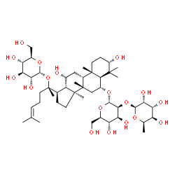 ChemSpider 2D Image | (3beta,5beta,6beta,8alpha,10alpha,13alpha,14beta,17alpha)-6-{[2-O-(6-Deoxy-beta-D-gulopyranosyl)-alpha-D-mannopyranosyl]oxy}-3,12-dihydroxydammar-24-en-20-yl alpha-D-glucopyranoside | C48H82O18