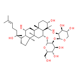 ChemSpider 2D Image | (3beta,5beta,6beta,9beta,10alpha,12beta,13alpha,14beta,20R)-3,12,20-Trihydroxydammar-24-en-6-yl 2-O-beta-D-lyxopyranosyl-alpha-D-mannopyranoside | C41H70O13