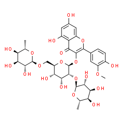 ChemSpider 2D Image | 5,7-Dihydroxy-2-(4-hydroxy-3-methoxyphenyl)-4-oxo-4H-chromen-3-yl 6-deoxy-alpha-L-altropyranosyl-(1->2)-[6-deoxy-alpha-L-altropyranosyl-(1->6)]-beta-D-allopyranoside | C34H42O20