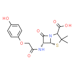 ChemSpider 2D Image | (5R,6R)-6-{[(4-Hydroxyphenoxy)acetyl]amino}-3,3-dimethyl-7-oxo-4-thia-1-azabicyclo[3.2.0]heptane-2-carboxylic acid | C16H18N2O6S